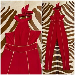 Stretchy Red Halter Neck Jumpsuit with Gold Trim